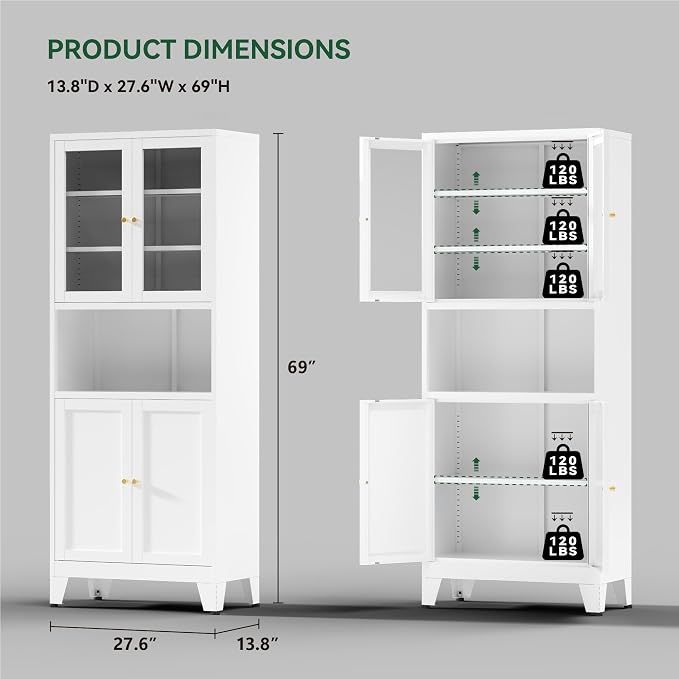 COFaR 69" Tall Modern Kitchen Pantry,Metal Storage Cabinet with Shelves ＆ Glass Doors for Display,Pantry Storage Cabinet,Freestanding Cupboard for Kitchen,Dining Room,Living Room,Bathroom,White
