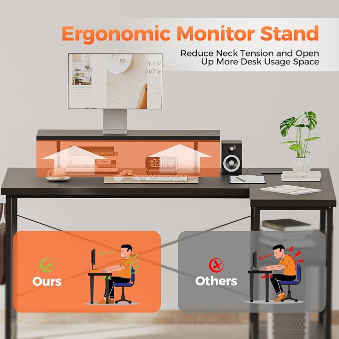 Mericonia Small L Shaped Computer Desk with Power Outlets, Reversible Gaming Desk with Storage Shelves & Monitor Stand, Corner Gamer Desk Table, Study Writing Table