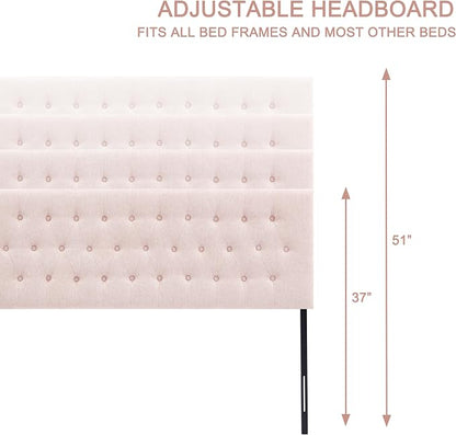 Tufted Upholstered Headboard Queen Size, Adjustable Height 37- 51 in, Pink | Sturdy and Durable Solid Wood Bed Headboard, Fabric Queen Headboard Only, Modern Button Diamond Design Head Board