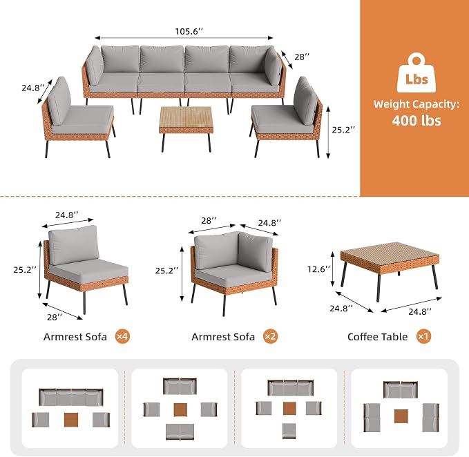 Aoxun 7-Piece Patio Furniture Set, Wicker Outdoor Furniture with Water Resistant Thick Cushions, Patio Conversation Set Outdoor Sectional Sofa with Coffee Table for Backyard Poolside, Light Grey