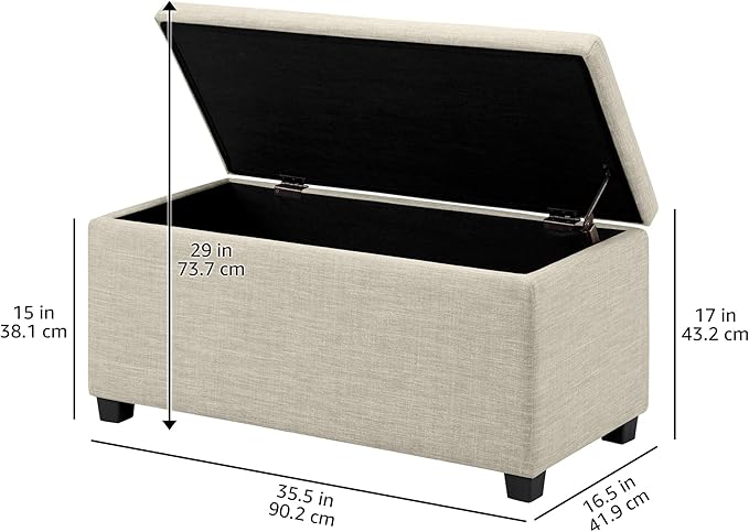Basics Upholstered Storage Ottoman Bench with Soft Close Lid, Child-Safety Hinge, No Assembly Required, 35.5"W x 16.5"D x 17"H, Beige