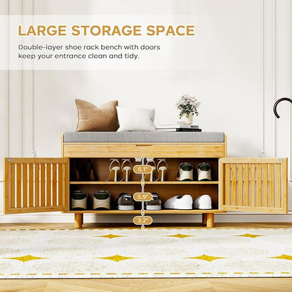 oakvivo Bamboo 35.4in Shoe Storage Bench with Lift Top Storage & Padded Seat Cushion, 2-Tier Shoe Rack Cabinet with 2 Doors for Entryway, Living Room, Bedroom, Mudroom, Natural