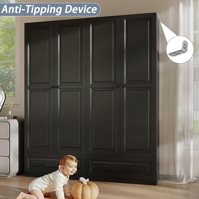 Armoire Wardrobe Closet with Drawers: 74" Black Tall Wardrobe Cabinet with Hanging Rod, Wooden Closet with 4 Doors and 2 Drawers, Modern Bedroom Armoires