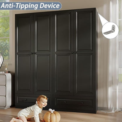 Armoire Wardrobe Closet with Drawers: 74" Black Tall Wardrobe Cabinet with Hanging Rod, Wooden Closet with 4 Doors and 2 Drawers, Modern Bedroom Armoires