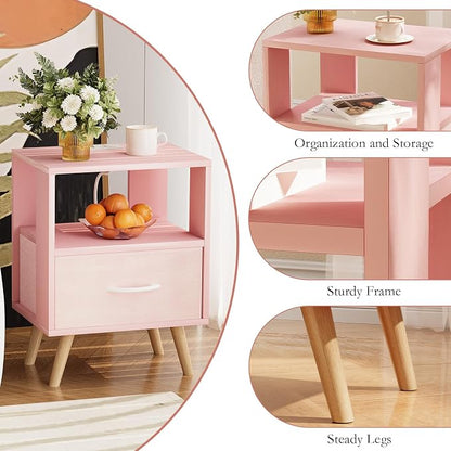Huhote Kids Nightstand, 2-Tier Night Stand with Charging Station and Drawer, Modern Side Table for Bedroom, Study Room Small Spaces, Pink