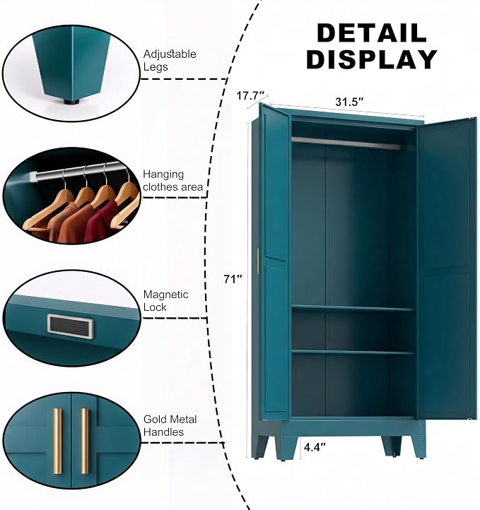 71" H Blue Armoire Wardrobe Closets,Metal Wardrobe Closet with Doors and Shelves