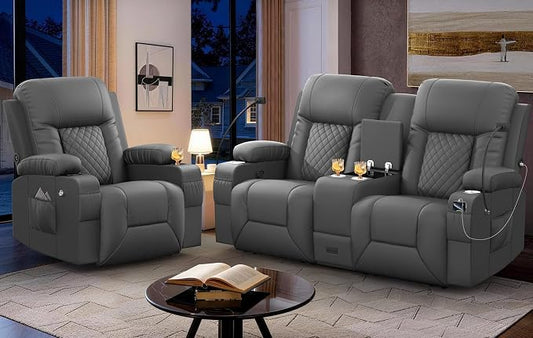 Recliner Sofa Set, Loveseat Recliner Couch and Recliner Chair with Heat & Massage, Home Theater Seating with Console, Drawer, USB Ports & Phone Holders, Reclining Loveseat for Movie Theater