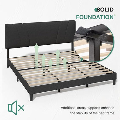Novilla King Size Bed Frame with Adjustable Headboard Platform King Bed Frame Linen Fabric Upholstered Headboard, No Box Spring Needed, Noise-Free, Wooden Slats Support, Easy Assembly, Dark Grey