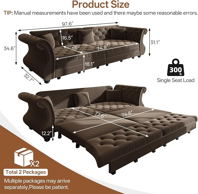 97.6" Oversized Pull Out Sofa Bed, Chesterfield Velvet Sleeper Sofa Couch with Roll Arm & Flower Tufting, Heavy Duty Metal Frame Convertible Sofa for Living Room, Apartment, Guest Room, Brown