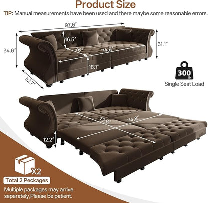 97.6" Oversized Pull Out Sofa Bed, Chesterfield Velvet Sleeper Sofa Couch with Roll Arm & Flower Tufting, Heavy Duty Metal Frame Convertible Sofa for Living Room, Apartment, Guest Room, Brown