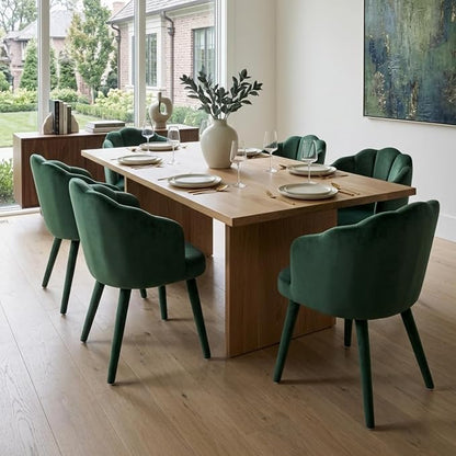 Hyfirm Velvet Dining Chairs Set of 2, Upholstered Modern Kitchen Dining Chairs with Petal Back & Fabric Covered Wooden Legs, Comfy Accent Armchairs for Bedroom/Kitchen/Vanity, Green