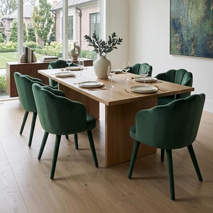 Hyfirm Velvet Dining Chairs Set of 6, Upholstered Modern Kitchen Dining Chairs with Petal Back & Fabric Covered Wooden Legs, Comfy Accent Armchairs for Bedroom/Kitchen/Vanity, Green