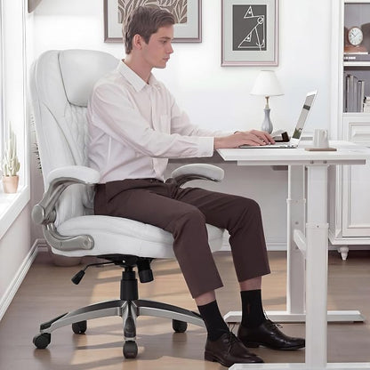 COLAMY High Back Executive Office Chairs Set of 2, Ergonomic PU Leather Desk Chairs with Flip-Up Armrests, Adjustable Height, Lumbar Support, Comfortable Computer Chairs for Home Office, White