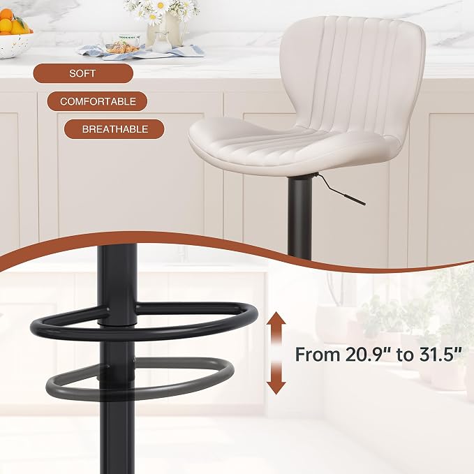 JAMFLY Bar Stools Set of 2, Leather Adjustable Barstools Counter Height Modern Bar Stools, Island Chairs Set of 2 for Kitchen, Beige