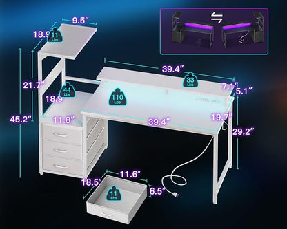 AODK 52 Inch Gaming Desk with USB Charging Ports & LED Light- Reversible Computer Desk with Storage Shelves & Monitor Stand, Modern Gamer Desk Table with Fabric Drawers, White