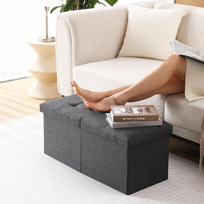 Storage Ottoman Bench Foldable Seat Footrest Shoe Bench End of Bed Storage with Flipping Lid, 75L Storage Space, 30 inches Linen Fabric Black
