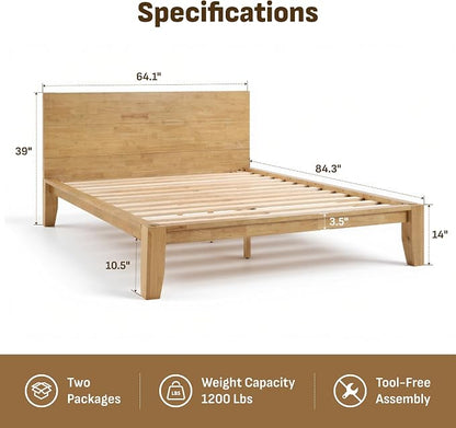 Softa Mikor Queen Japanese Joinery Bed Frame with Headboard, Solid Rubberwood Platform Bed, 1500 Lbs Heavy Duty, SGS Certified, No-Tool Setup, Storage Shelf, USB-A/C Port, No Box Spring Needed