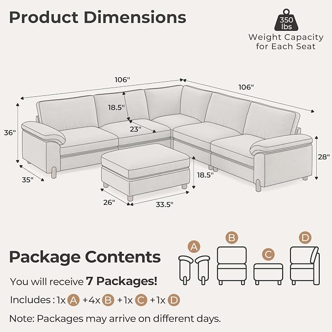 SITJOY Large Cloud Couch, 106" Wide 5 Seater V Shape, Light Gray Chenille | Detachable and Washable Chenille Cover Sectional Sofas for Living Room, Deep Seat Wide Couch with Chaise, Storage Ottoman