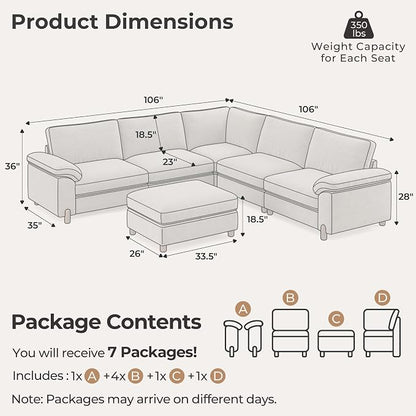 SITJOY Large Cloud Couch, 106" Wide 5 Seater V Shape, Light Gray Chenille | Detachable and Washable Chenille Cover Sectional Sofas for Living Room, Deep Seat Wide Couch with Chaise, Storage Ottoman