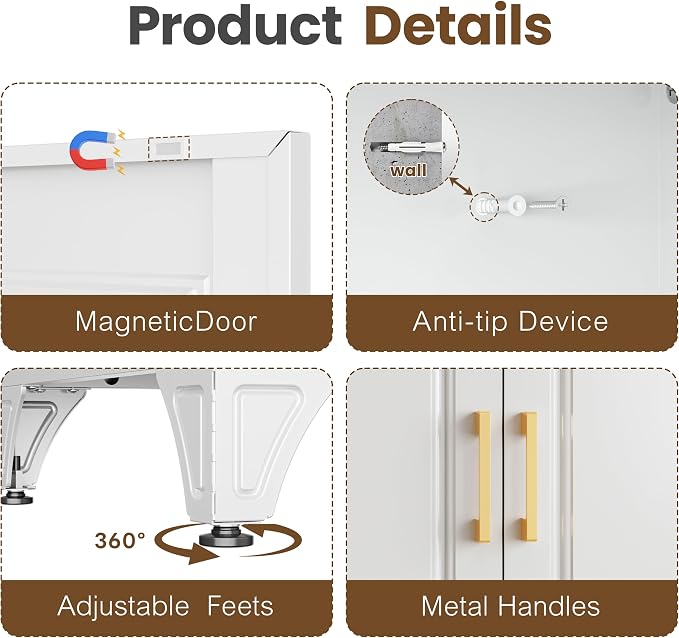 Metal Wardrobe Cabinets with 3 Drawers,White Armoire Wardrobe Closet with Hanging Rod,Clothes Storage Cabinet with Adjustable Shelves and Doors,Clothing Cabinet for Bedroom, Laundry Room,Office