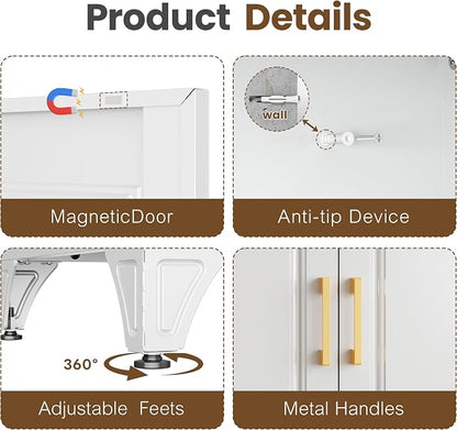 Metal Wardrobe Cabinets with 3 Drawers,White Armoire Wardrobe Closet with Hanging Rod,Clothes Storage Cabinet with Adjustable Shelves and Doors,Clothing Cabinet for Bedroom, Laundry Room,Office