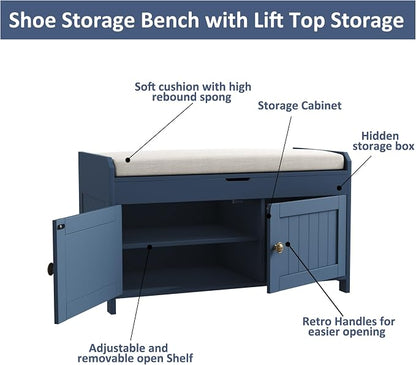 HOMEFORT 30" Shoe Bench with Lift Top Storage, Entryway Bench with Cushioned Seat, Wooden End of Bed Bench, Shoe Cabinet Bench with Hidden Storage Space, for Bedroom, Hallway, Blue