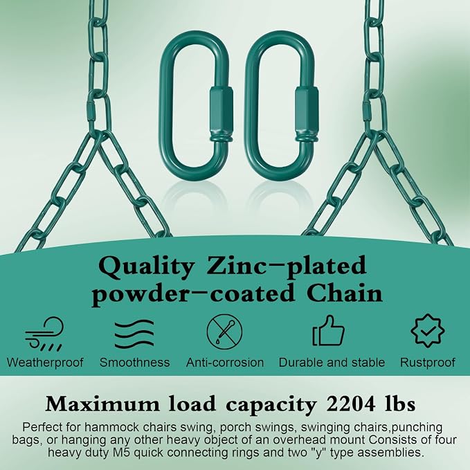 Heavy Duty Porch Swing Hanging Chain Kit (2 Pack) 1500 Lbs Capacity, Up to 7.1ft Length- Rustproof Zinc-Plated, 4 Quick Links & 2 Y-Chain Assemblies, Indoor/Outdoor Hanging Hardware(Green)