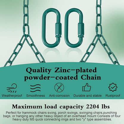 Heavy Duty Porch Swing Hanging Chain Kit (2 Pack) 1500 Lbs Capacity, Up to 7.1ft Length- Rustproof Zinc-Plated, 4 Quick Links & 2 Y-Chain Assemblies, Indoor/Outdoor Hanging Hardware(Green)