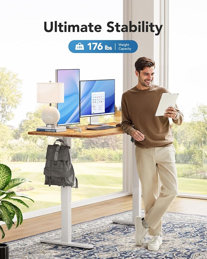 HUANUO Electric Standing Desk, Whole Piece Desktop, Adjustable Height Computer Desk, 4 Height Memory Settings, Sit Stand Up Desk for Home Office, 48" x 30", Light Vintage