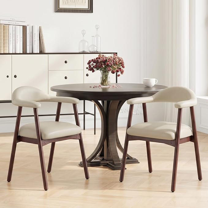 MALOL Leather Dining Chair with Armrest Set of 2, Upholstered Dining Room Chair with Curved Back and Wood Legs, Mid Century Modern Kitchen Chairs for Kitchen Dining Room,Khaki