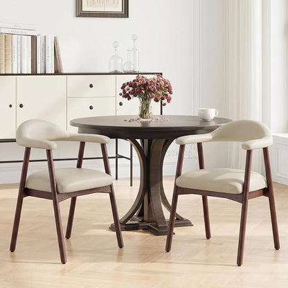 MALOL Leather Dining Chair with Armrest Set of 2, Upholstered Dining Room Chair with Curved Back and Wood Legs, Mid Century Modern Kitchen Chairs for Kitchen Dining Room,Khaki