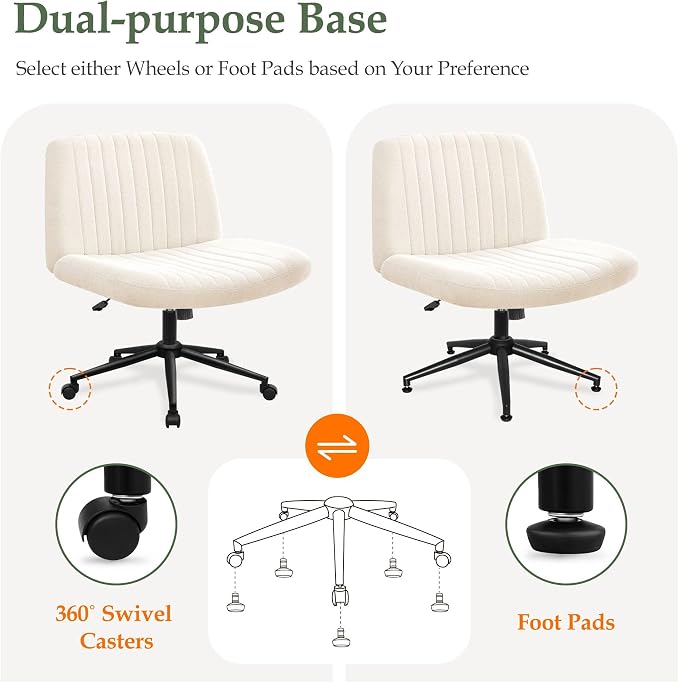 Orange Factory Criss Cross Chair Wheels Wide Cross Legged Office Desk Vanity Dual Base Comfy Fabric Armless Adjustable Swivel for Home Computer Task (Beige Dual Base, Fabric)