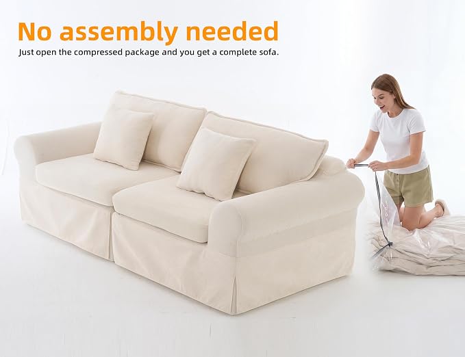 Mistpeople Modern Loveseat Sofa Couch, Upholstered Comfy Sofa with Pillows & Armrests, Deep Seating Couch with Removable Cover for Living Room Bedroom Apartment Office Small Spaces, Beige 3 Seats