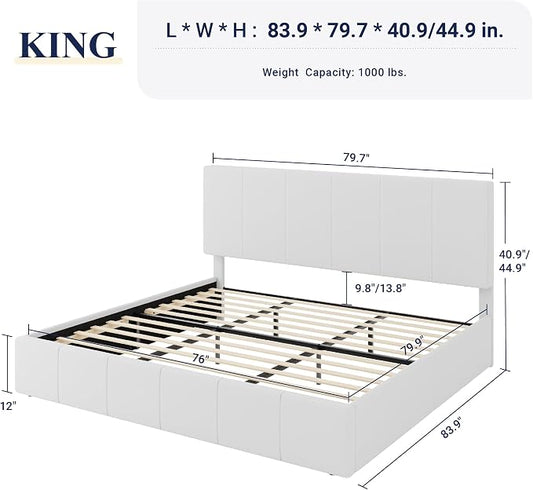 Allewie King Size Dutch Velvet Upholstered Platform Bed Frame/Vertical Channel Tufted Adjustable Headboard/Low Profile Bed Frame/No Box Spring Needed/Easy Assembly/White