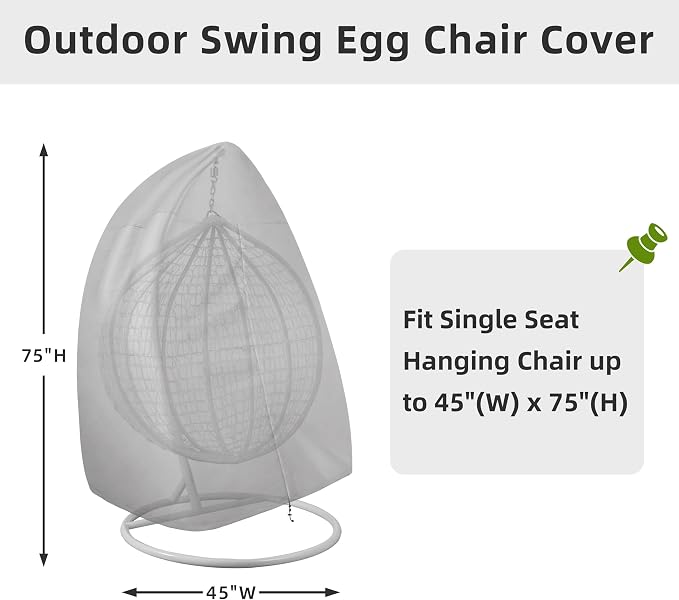 Easy-Going Patio Hanging Egg Chair Cover, UV Resistant Waterproof Outdoor Single Seat Swing Chair Cover with Zipper, Grey