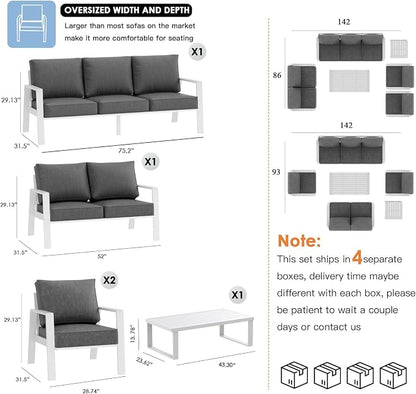2 Pieces Aluminum Outdoor Armchair, Oversized Patio Couch, Modern Sofa All Weather Metal Furniture Set with 5" Cushions (White/Dark Grey