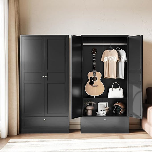 Letaya Metal Wardrobe Cabinets,18" Deep Clothing Storage Cabinet with Doors and Shelves,for Home Room,Fire Department, School, Employee,Gym,Government (Black)
