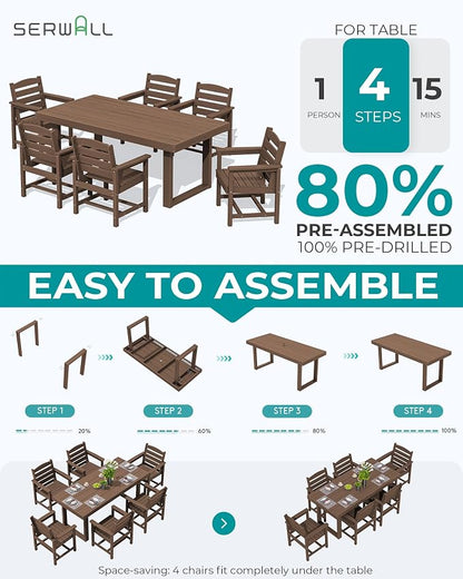 SERWALL HDPE Outdoor Dining Set for 6, 67'' Patio Table and Chairs Set | with Armchair Seat