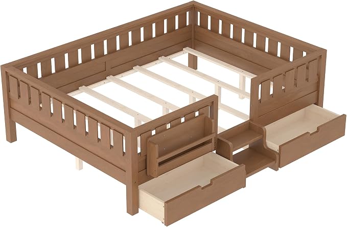 Queen Platform Bed with Storage Drawers and Bookshelves, Kids Platform Bed Frame with Low-profile Stairs and Full-length Guardrails, Queen Bed Frame for Boys, Girls, No Box Spring Needed, Nature
