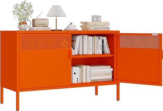 Orange 25" H Metal Storage Cabinet with Adjustable Shelf, 2 Door Accent Cabinet, 2-Tier Low Cabinet with Vent Hole, TV Stand for Entryway, Home Office, Music Studio