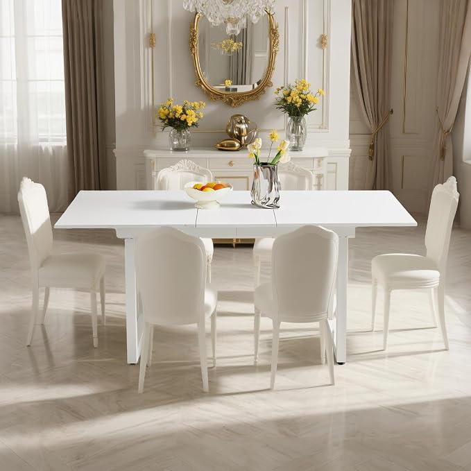 Extendable Dining Table for 4-8 People,70.86''Modern Space-Saving Kitchen Table with Metal Legs,Rectangle Folding Conference Meeting Table for Living Meeting Room Kitchen,White