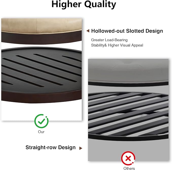 adochr Round Coffee Tables for Living Room,33’’ Storage Ottoman with Wooden Tray, Upholstered Ottoman Footrest, Ivory
