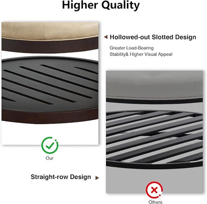 adochr Round Coffee Tables for Living Room,33’’ Storage Ottoman with Wooden Tray, Upholstered Ottoman Footrest, Ivory