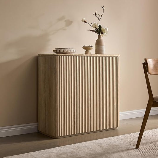 Fluted 2 Doors Sideboard Cabinet with Storage, 34" Wooden Credenza with Shelves, Faux Marble-Top Coffee Bar Console Table, Modern Buffet Cabinet for Dining, Kitchen, Living Room, Entryway, Natural Oak