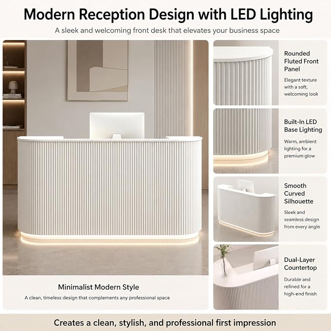 Modern Reception Desk, Reception Desk with Counter for Office and Salon | Power Outlet Lockable Cabinet Keyboard Tray Privacy Panel Cable Grommet Open Storage Storage Cabinet