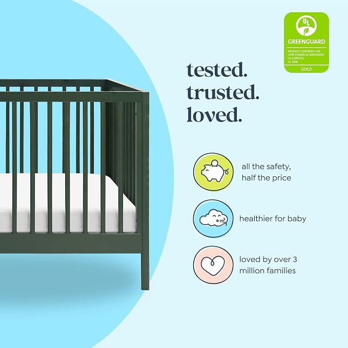 Davinci Birdie 3-in-1 Baby Crib & GREENGUARD Mattress Bundle - Forest Green | Low-Profile Crib Convertible to Toddler Bed & Daybed - Easy to Assemble - Includes Mattress w/ Removable Waterproof Cover