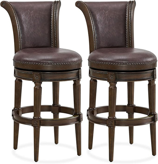 ROME + OAK Set of 2 Runyan 31" Swivel Bar Stool, High Back Barstool in Dark Walnut Finish with Vintage Brown Vegan Leather Seat