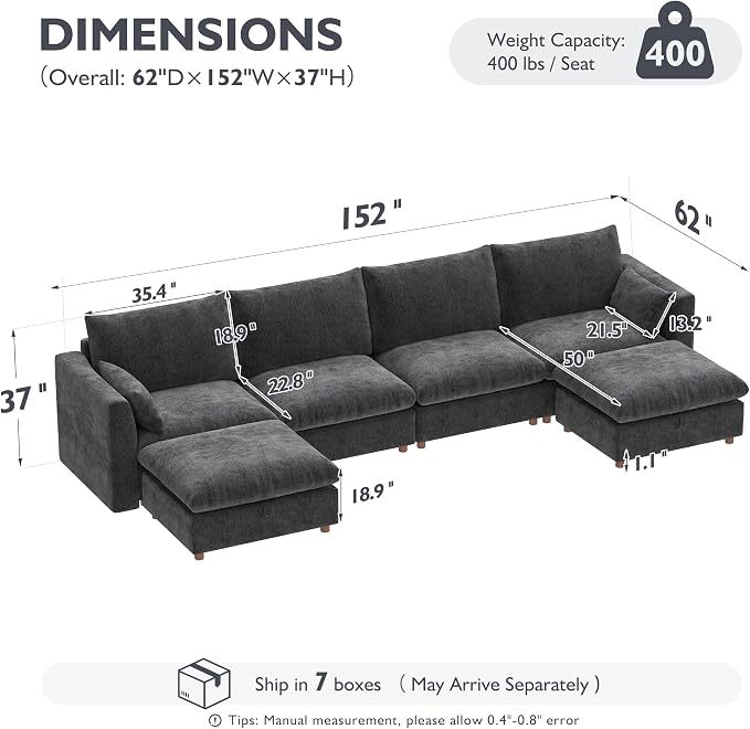 Ihanherry 152" Oversized Modular Sectional Sofa, Modern U Shaped Cloud Couch with 2 Storage Ottoman, 6-Seat Comfy Chenille Deep Seat Sofa with 2 Pillows for Living Room, Grey