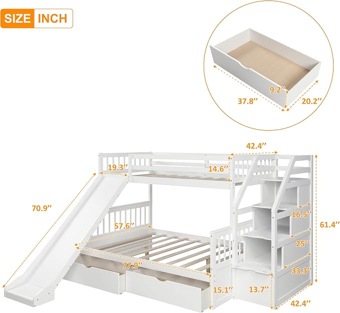 Solid Wood Twin Over Full Bunk Bed with Slide, Drawers, 4 Stair, Three Storage Grids and Full Length Guardrail, Multifunction play house Bunk Bed for Kids/Adults, No Box Spring Needed (White+ss)