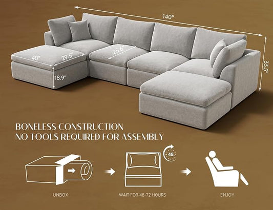 ohllob Oversized Cloud Sectional Couches for Living Room, Boneless U Shaped Couch with Ottoman, 4 Seater Modular Sectional Sofa, Light Grey